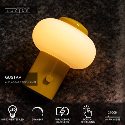 Lucide GUSTAV - wiederaufladbare Tischlampe - Akku/Batterie - Ø 8 cm - LED Dim. - 1x0,8W 2700K - Gelb | Essential